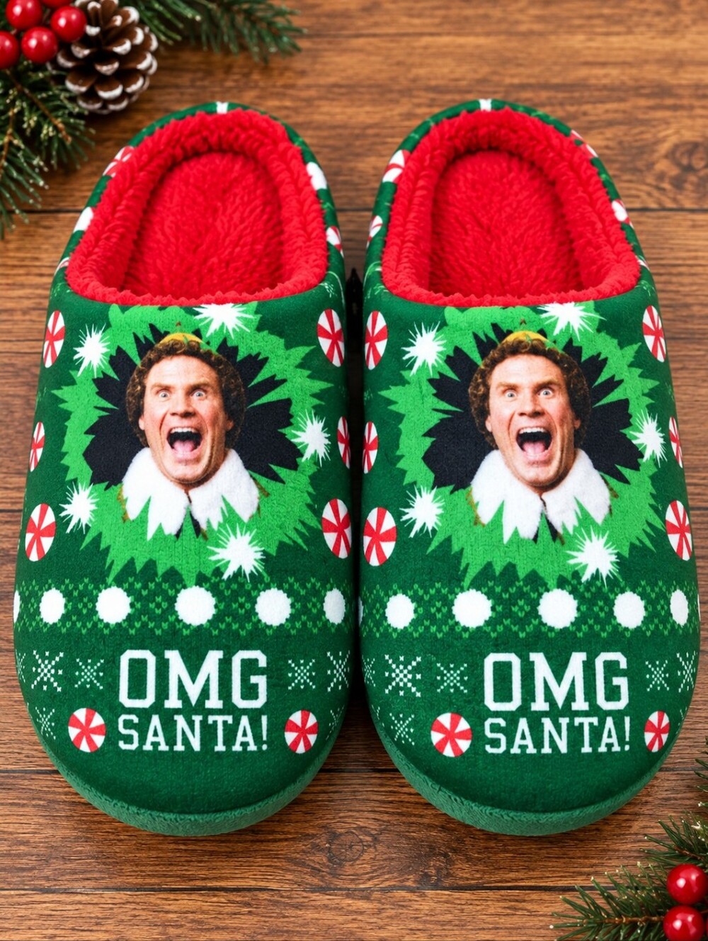 Warner Bros Elf Buddy OMG Santa Christmas Slippers Green Red Plush Holiday